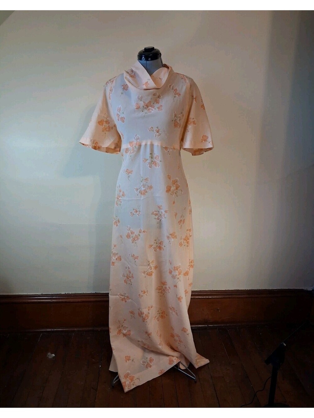 70s Peach Maxi Dress, Floral Sheer Elegant Summer Sun Dress Beach Cover Up Sz M